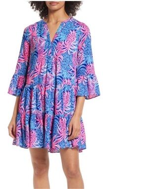 Lilly Pulitzer Blue & Pink Floral Tiered V-Neck Dress